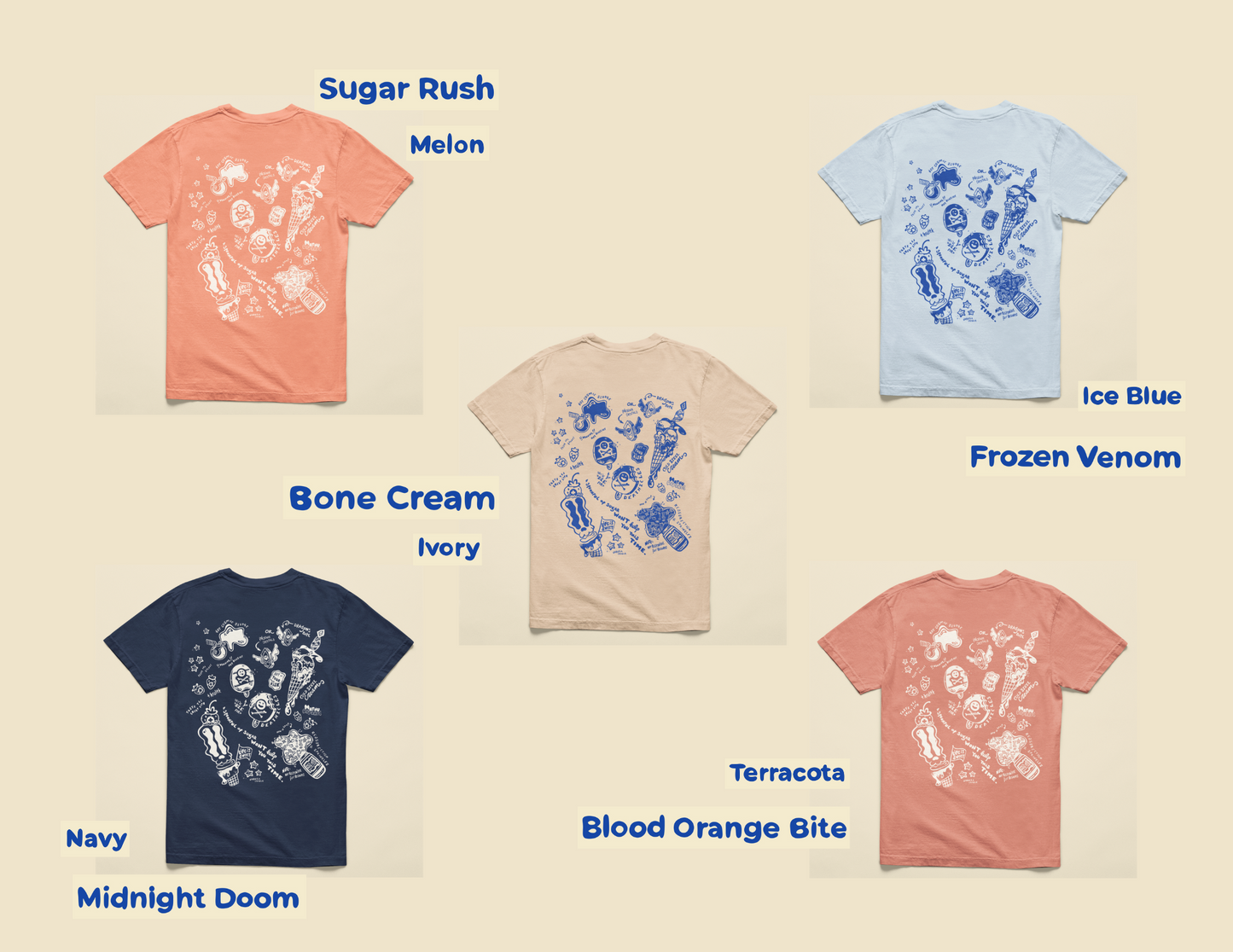 Collection of t-shirts in various colors with corresponding names on a beige background
