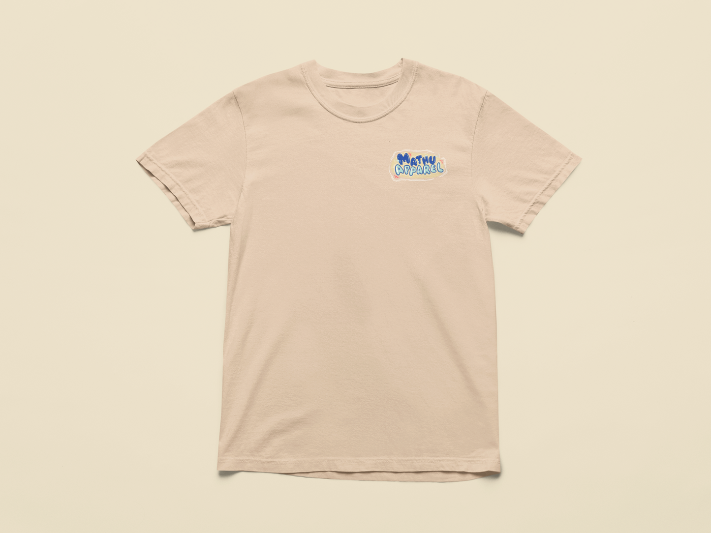 Beige t-shirt with a logo on a beige background