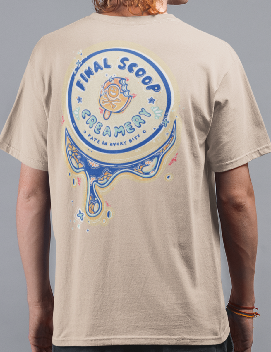 Person wearing a beige t-shirt with 'Final Scoop Creamery' graphic on the back against a gray background