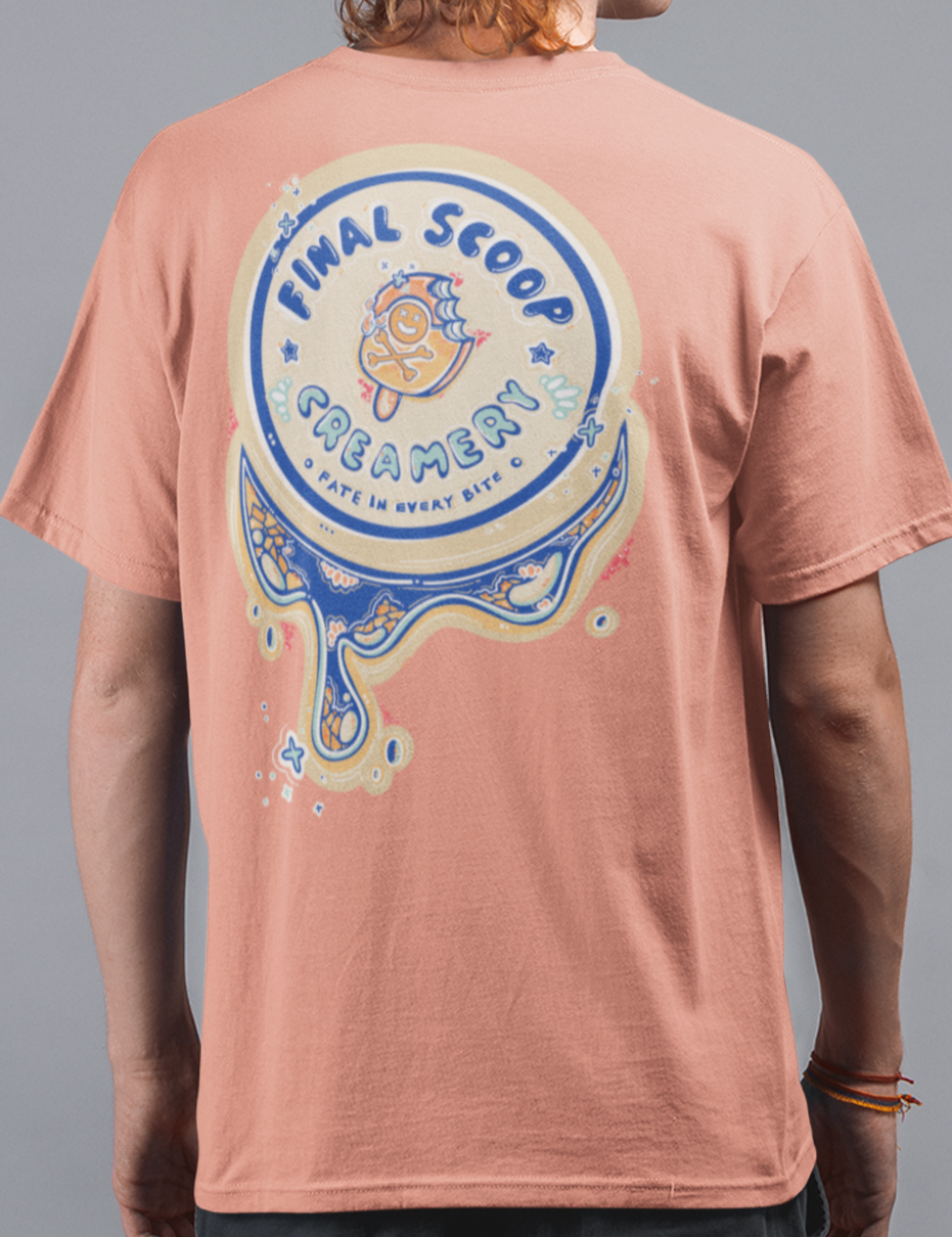 Person wearing a pink t-shirt with 'Final Scoop Creamery' logo on the back against a gray background