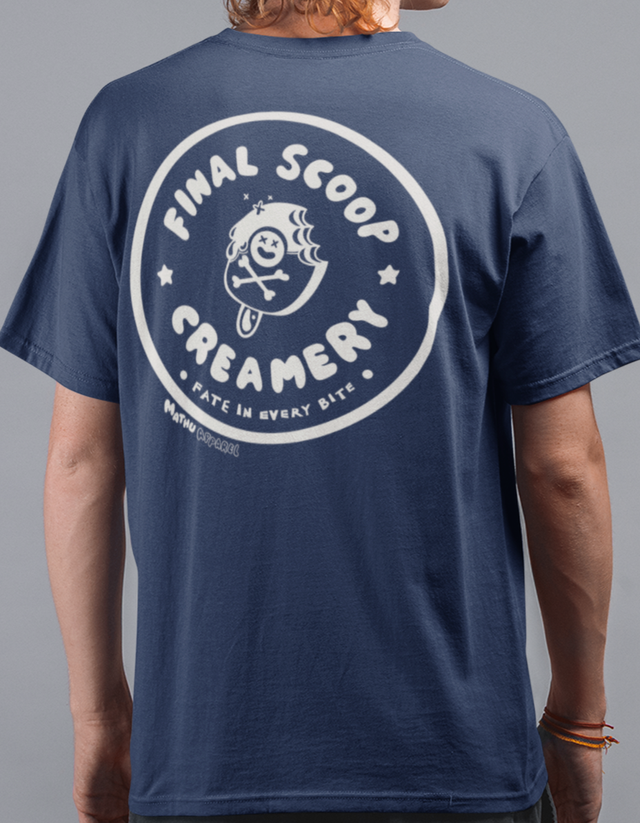 Person wearing a navy blue t-shirt with 'Final Scoop Creamery' logo on the back against a gray background