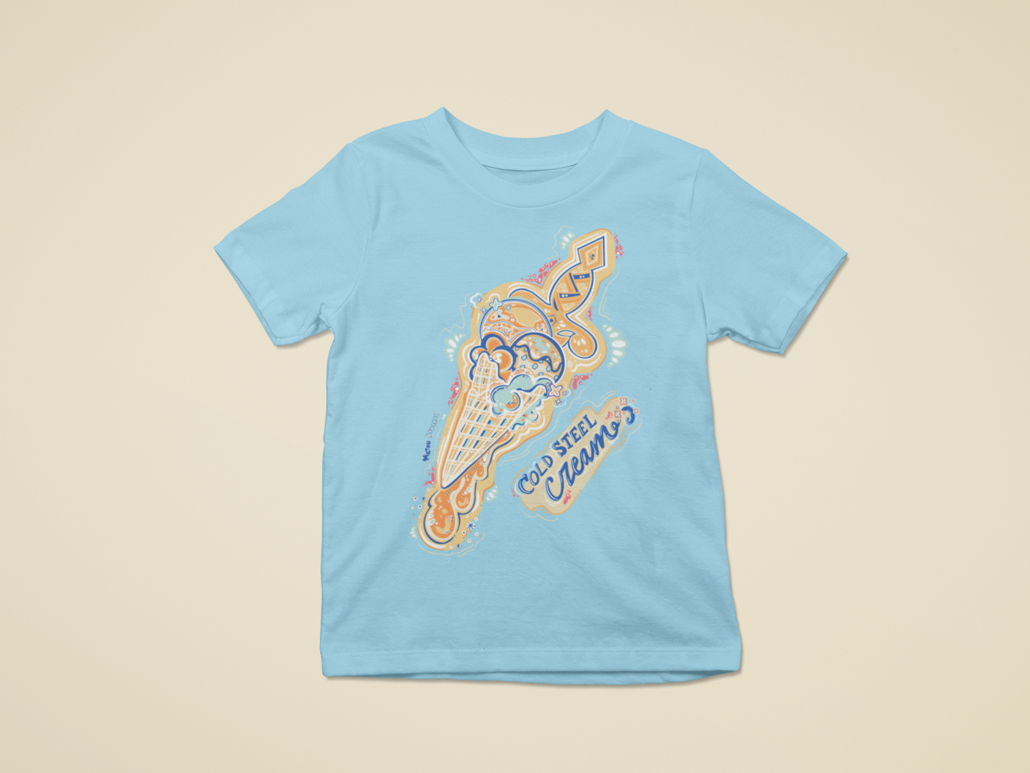 Light blue t-shirt with colorful graphic design on a beige background