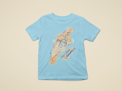 Light blue t-shirt with colorful graphic design on a beige background