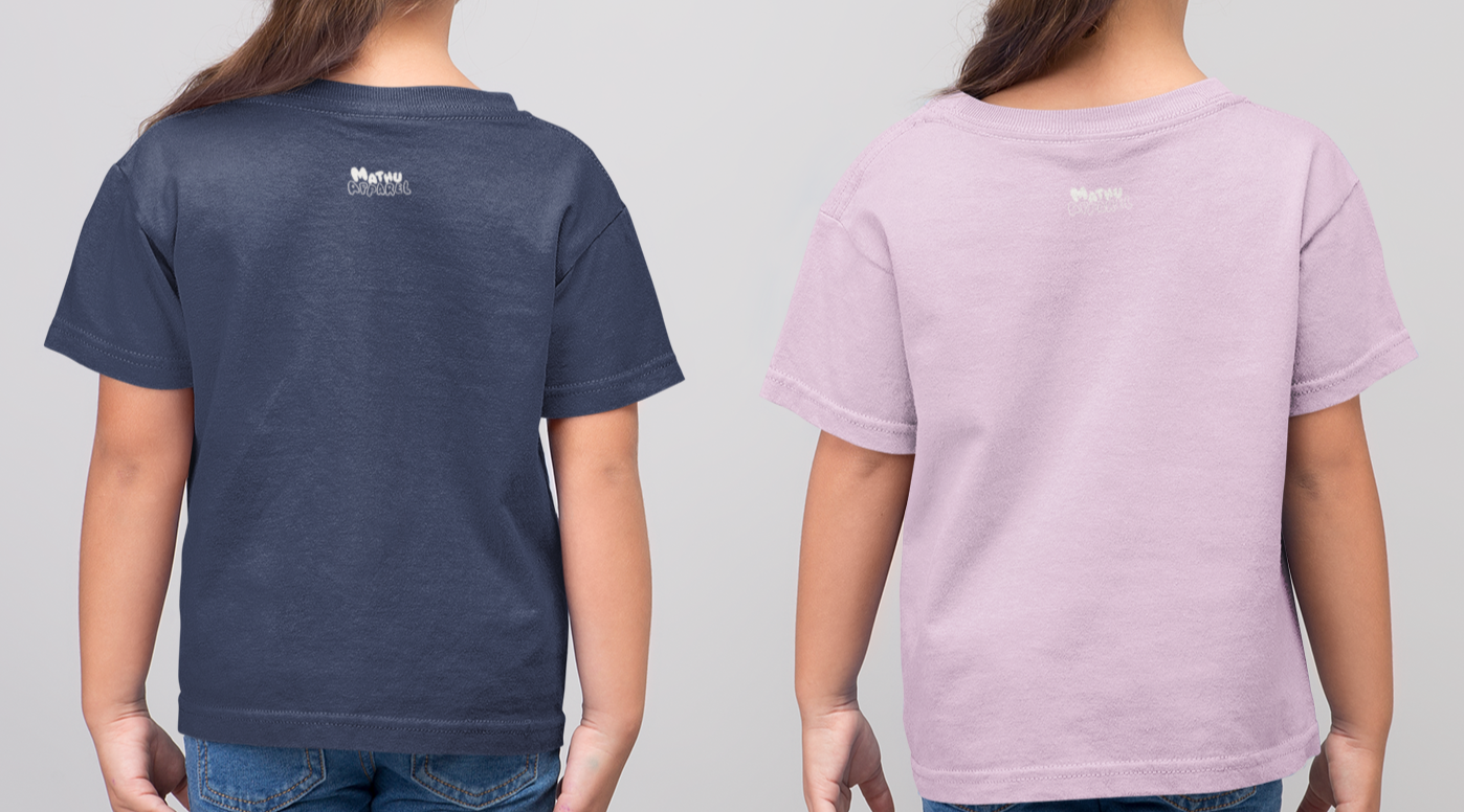 Two children wearing t-shirts with a brand logo on the back against a plain background