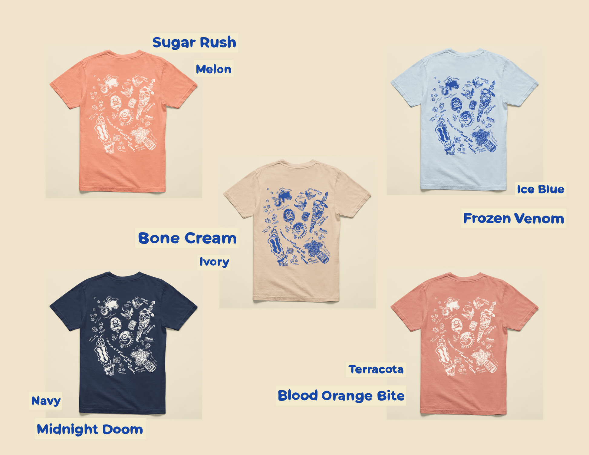 Collection of t-shirts in various colors with corresponding names on a beige background