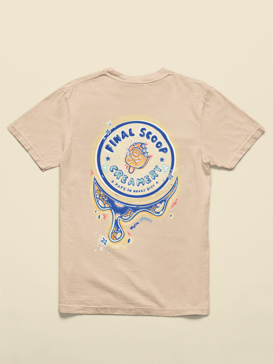 Beige t-shirt with colorful graphic design on a beige background
