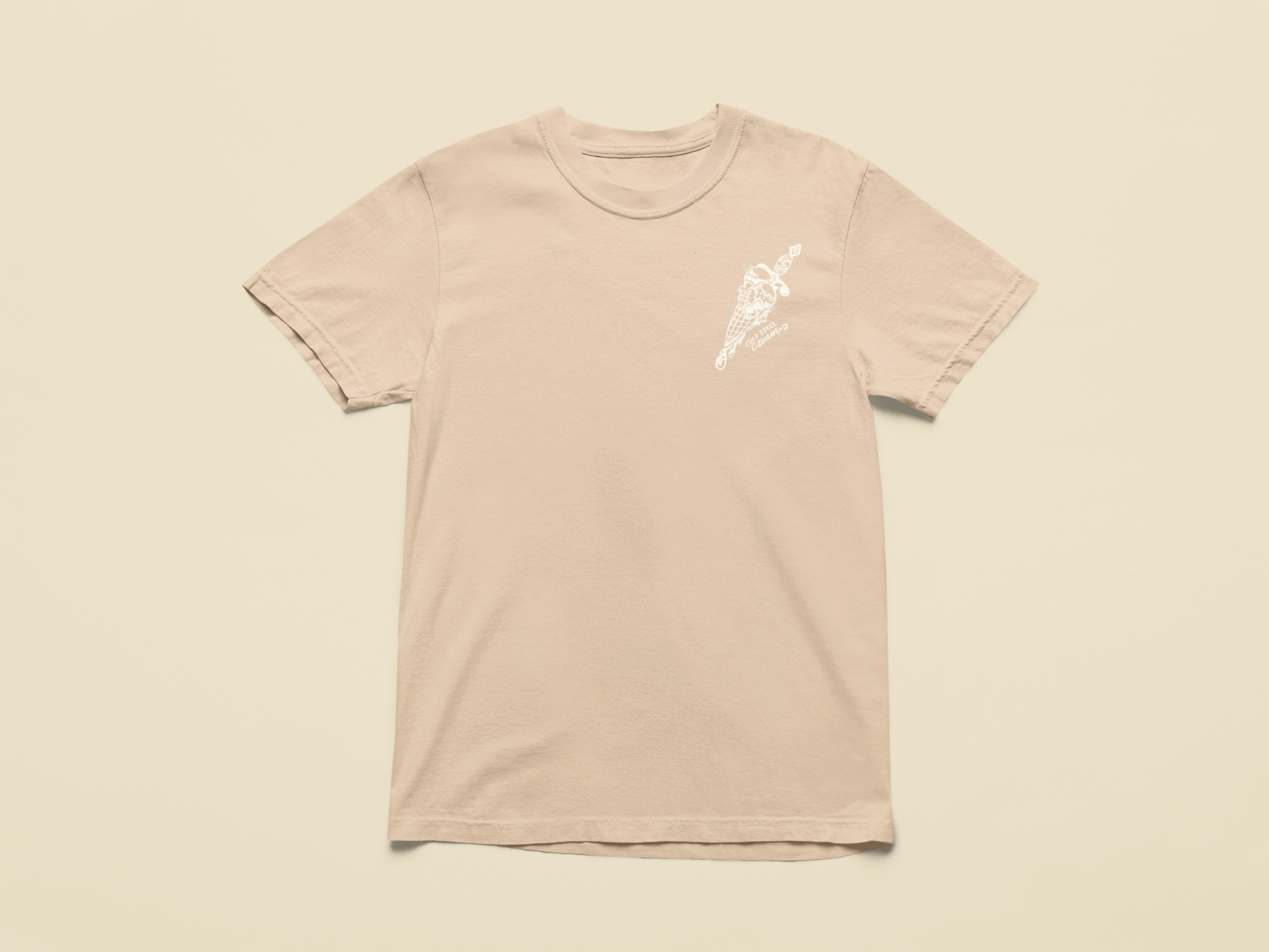 Beige t-shirt with a white logo on a beige background