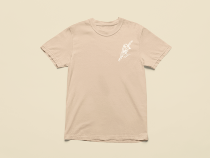 Beige t-shirt with a white logo on a beige background