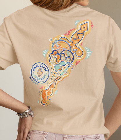 Person wearing a beige t-shirt with colorful graphic design on the back