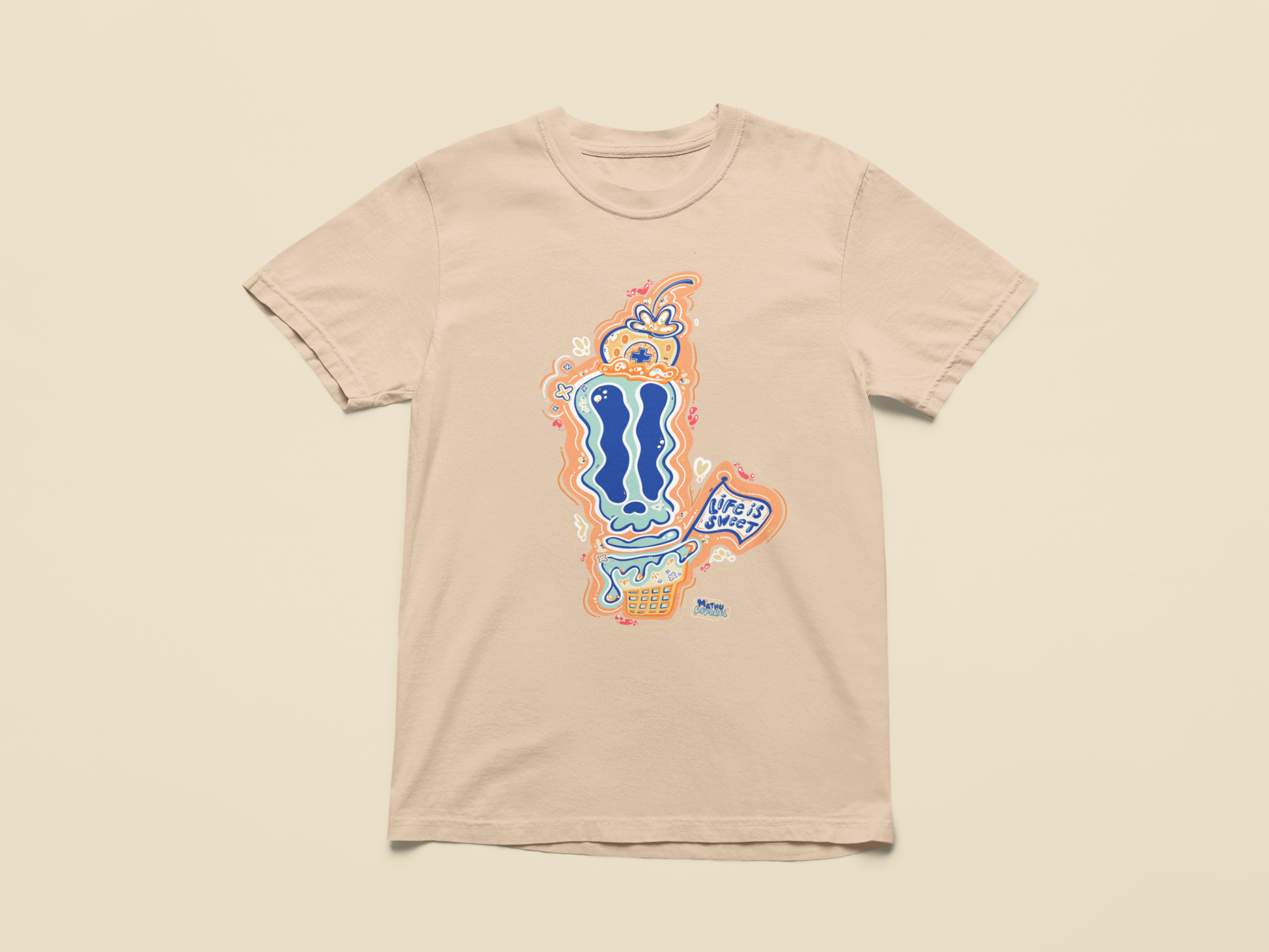 Beige t-shirt with colorful graphic design on a beige background
