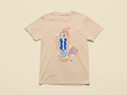 Beige t-shirt with colorful graphic design on a beige background