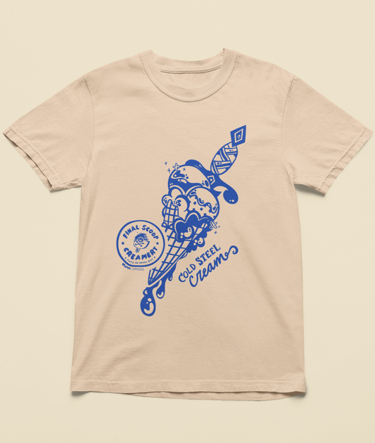 Beige t-shirt with blue graphic design on a beige background