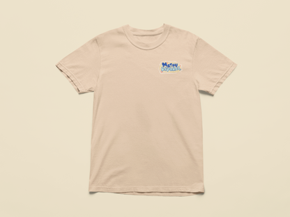 Beige t-shirt with a logo on a beige background