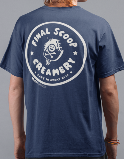 Person wearing a navy blue t-shirt with 'Final Scoop Creamery' logo on the back against a gray background