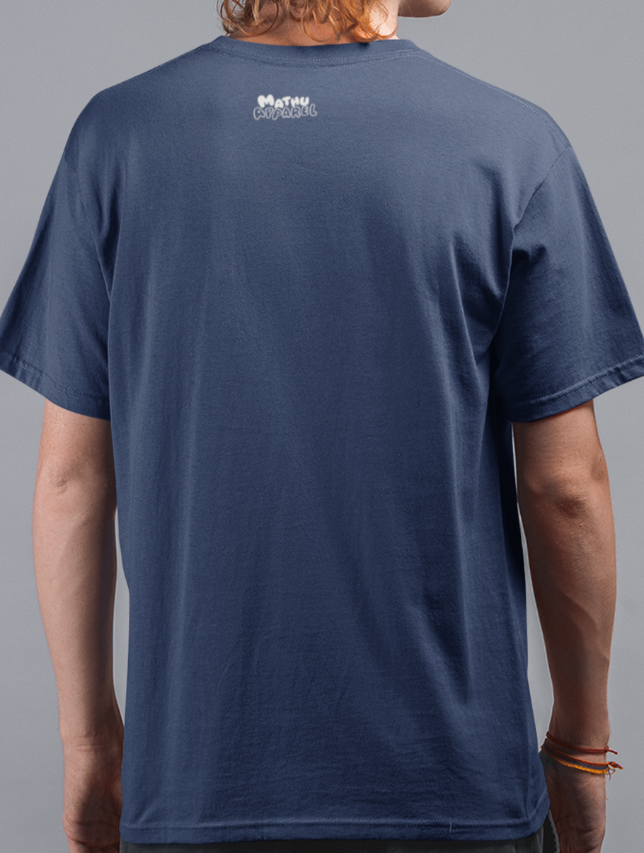 Person wearing a navy blue t-shirt with a logo on the back against a gray background