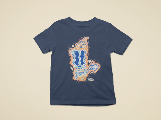 Navy blue t-shirt with colorful graphic design on a beige background