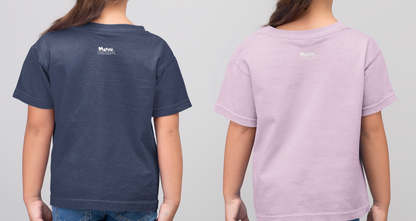 Two children wearing t-shirts with a brand logo on the back against a plain background