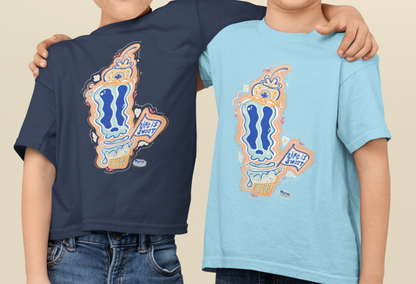 Two children wearing matching t-shirts with a graphic design on a beige background
